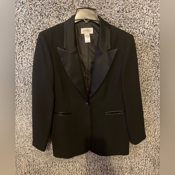 Studio I  Black Satin Collared Tuxedo Blazer Jacket Size 14 - Picture 6 of 11
